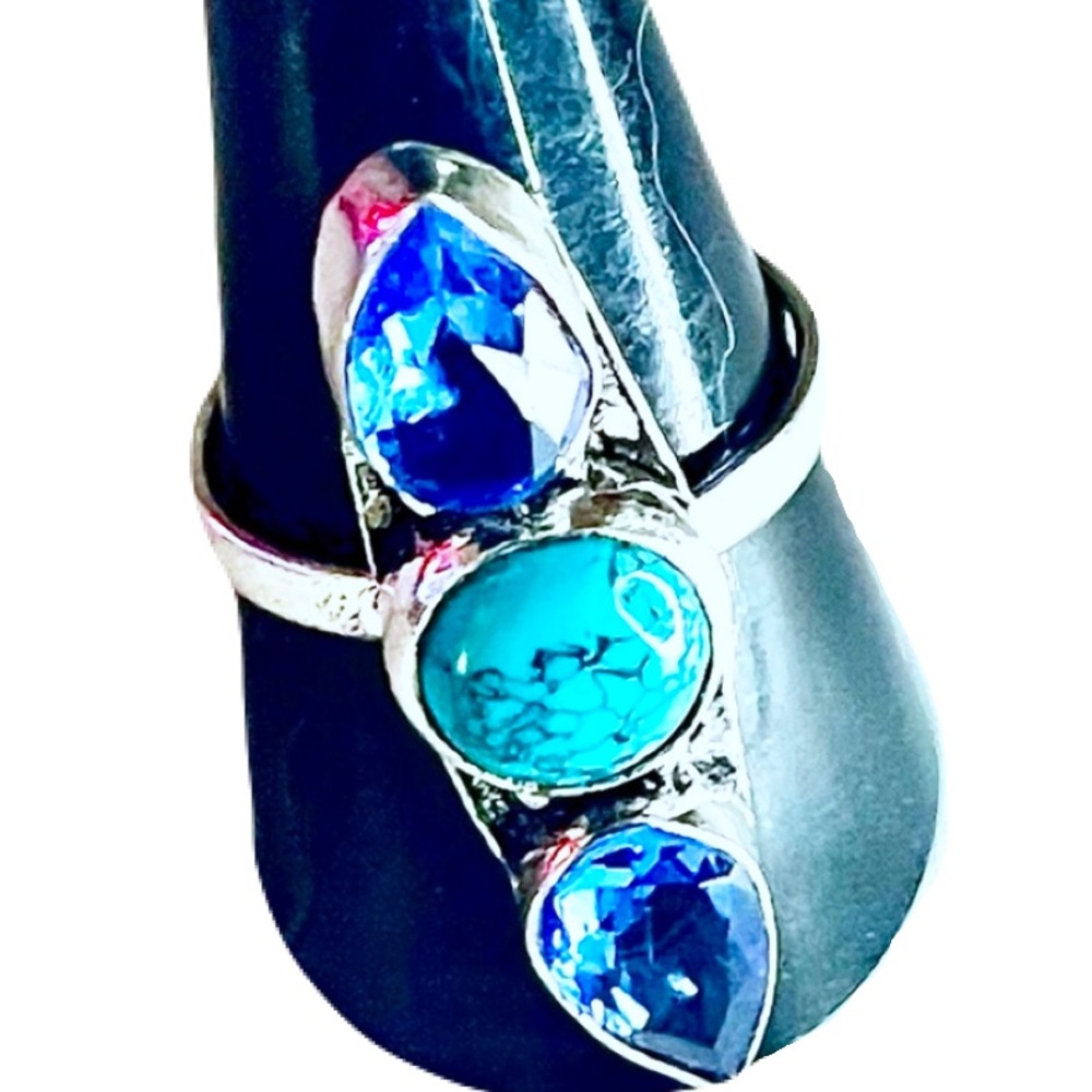 New 925 Sterling Silver Blue Imperial Topaz Turquoise Artisten 3 Tier Ring - Picture 3 of 17